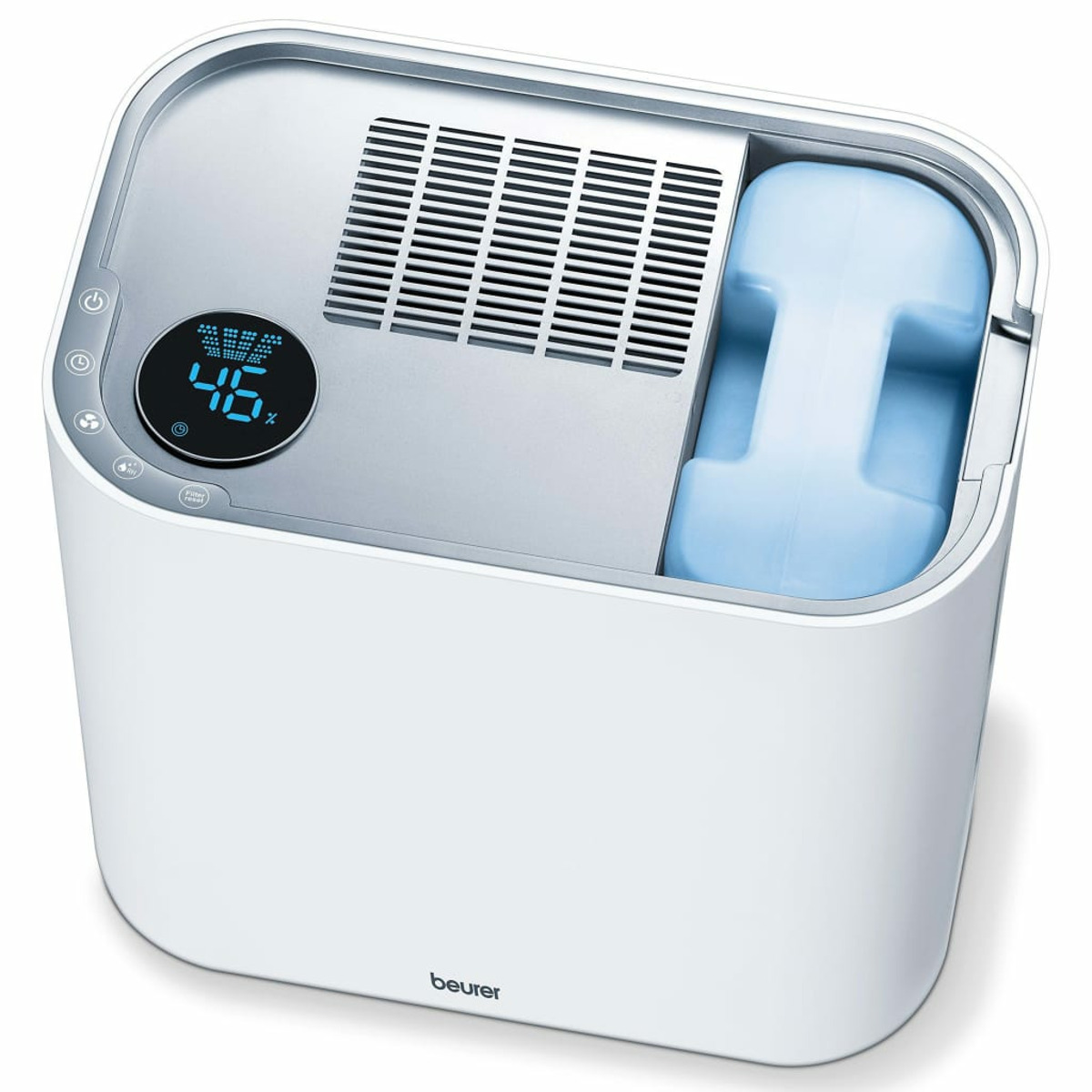 Umidificatore bianco con un serbatoio dell'acqua blu. Un display digitale mostra una percentuale.