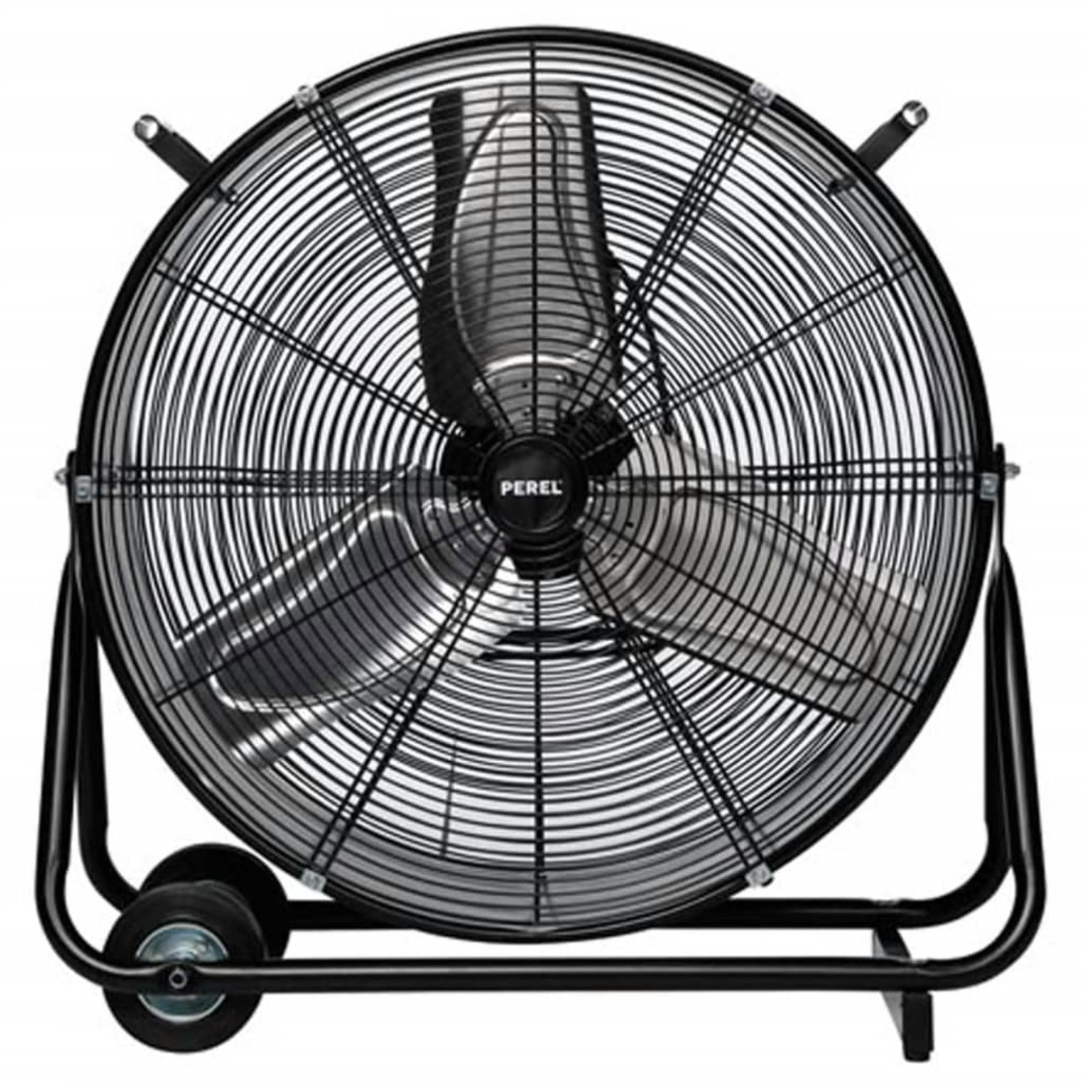 Schwarzer Ventilator mit rundem Käfig auf Rädern. Der Ventilator hat drei Flügel und ein PEREL-Logo.