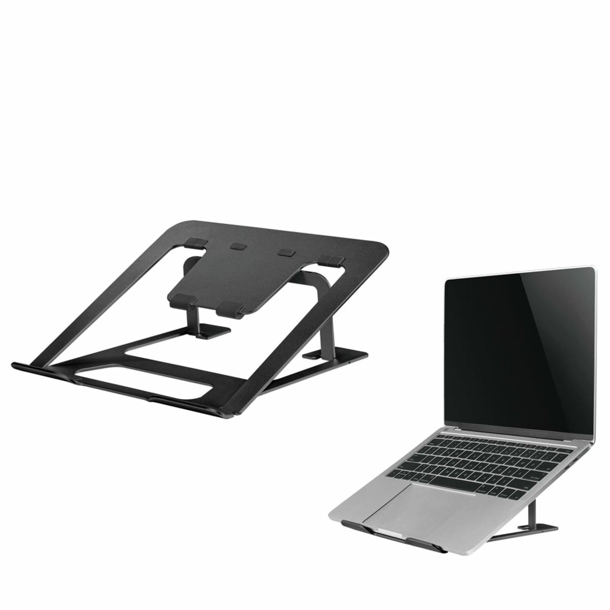 Supporto per laptop nero e un laptop sopra, isolati su sfondo bianco.