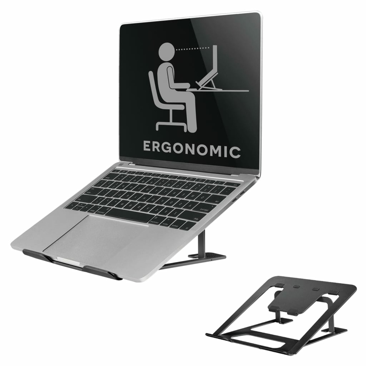 Laptop su supporto con diagramma ergonomico.