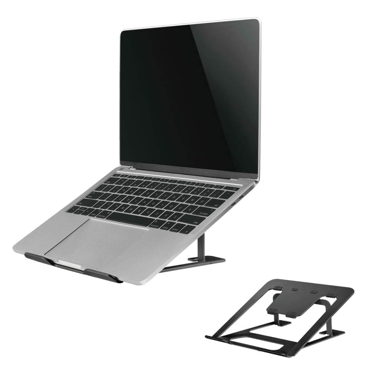 Laptop su un supporto nero. Un secondo supporto è mostrato sotto.