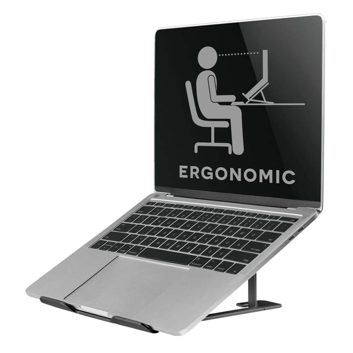 Laptop su un supporto con illustrazione ergonomica sullo schermo. Il supporto è nero con un computer nero.