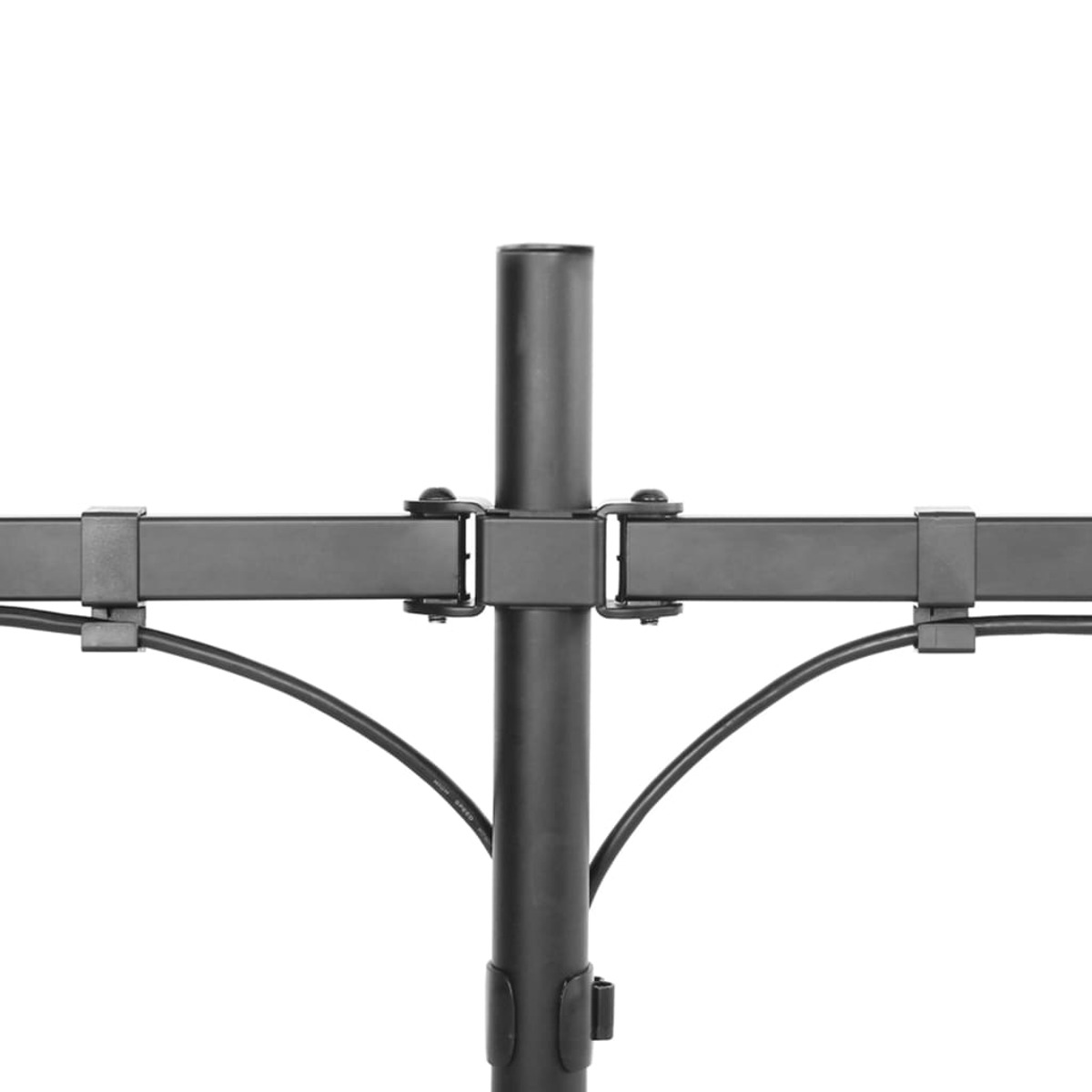 Un supporto per monitor nero con due bracci e cavi, su sfondo bianco.