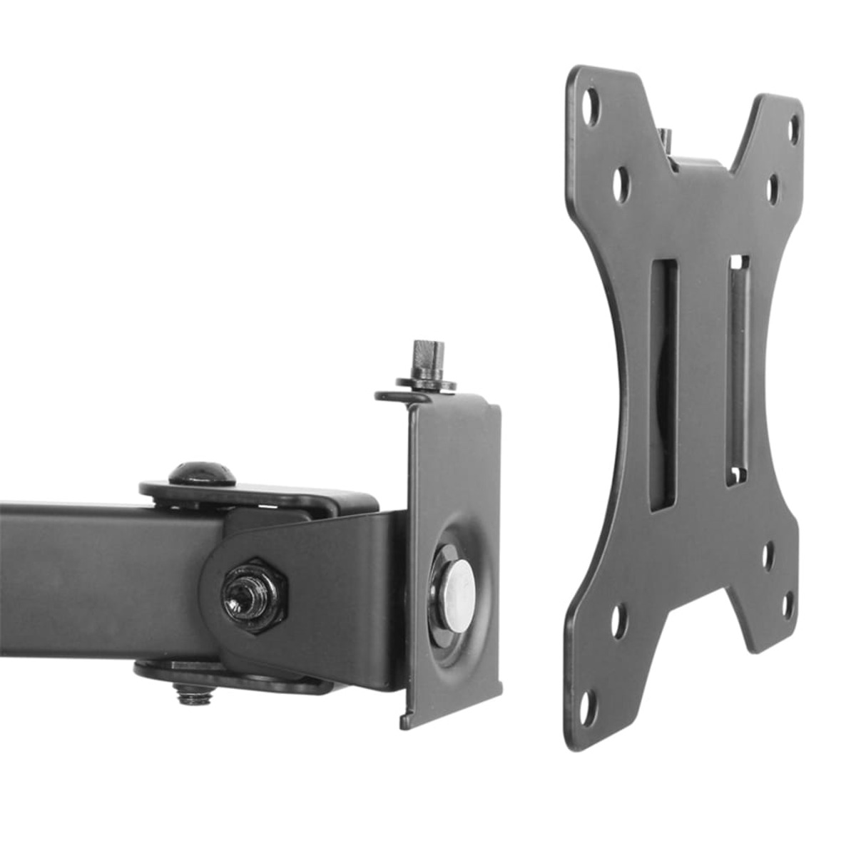 Un supporto per monitor nero con hardware di montaggio. Isolato su sfondo bianco.