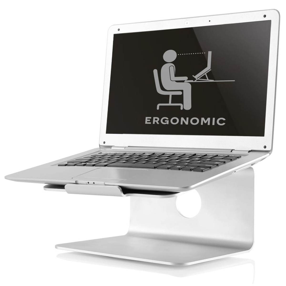 Un laptop su un supporto argentato, che mostra un'icona ergonomica sullo schermo.