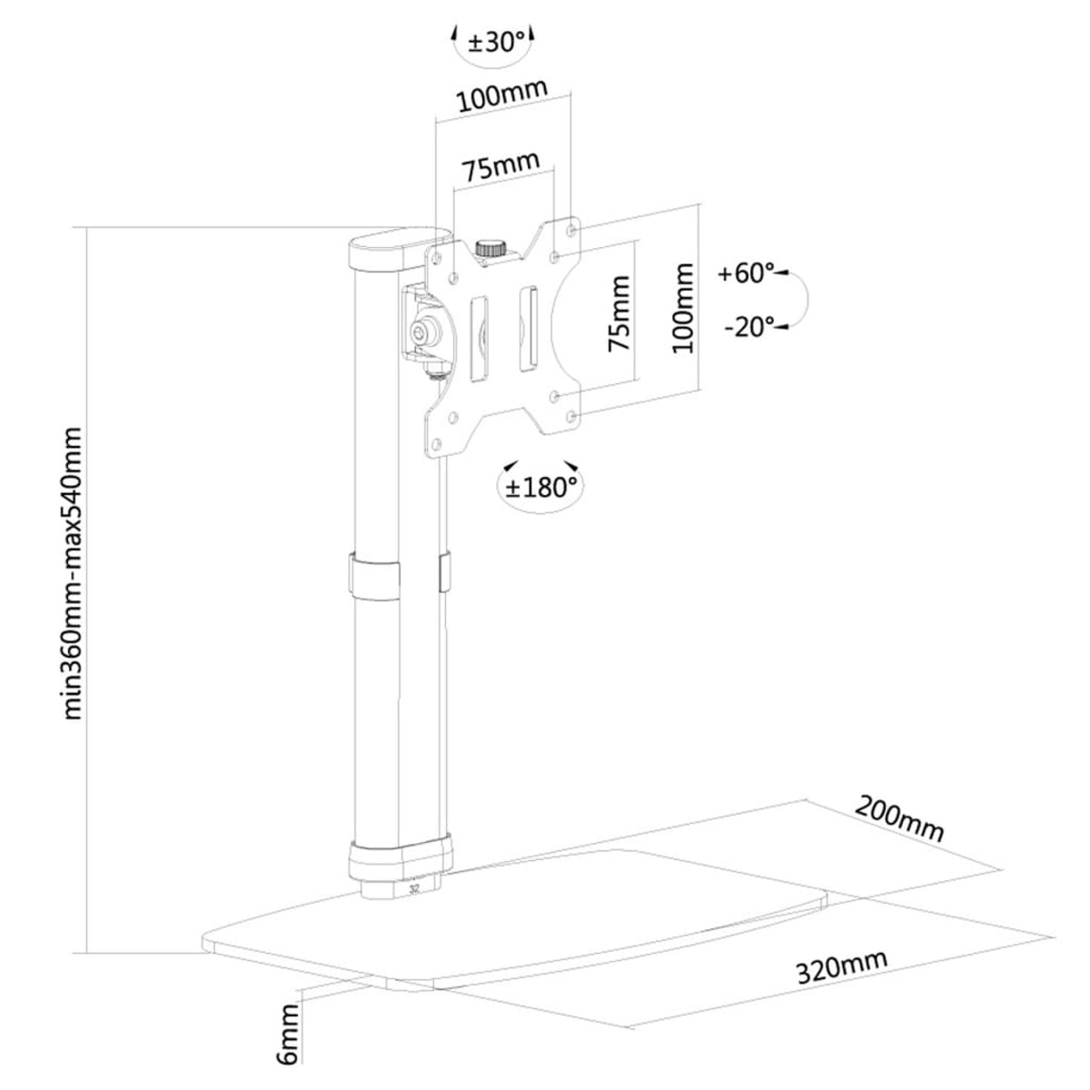 Diagram of a monitor mount with measurements and angles noted.
