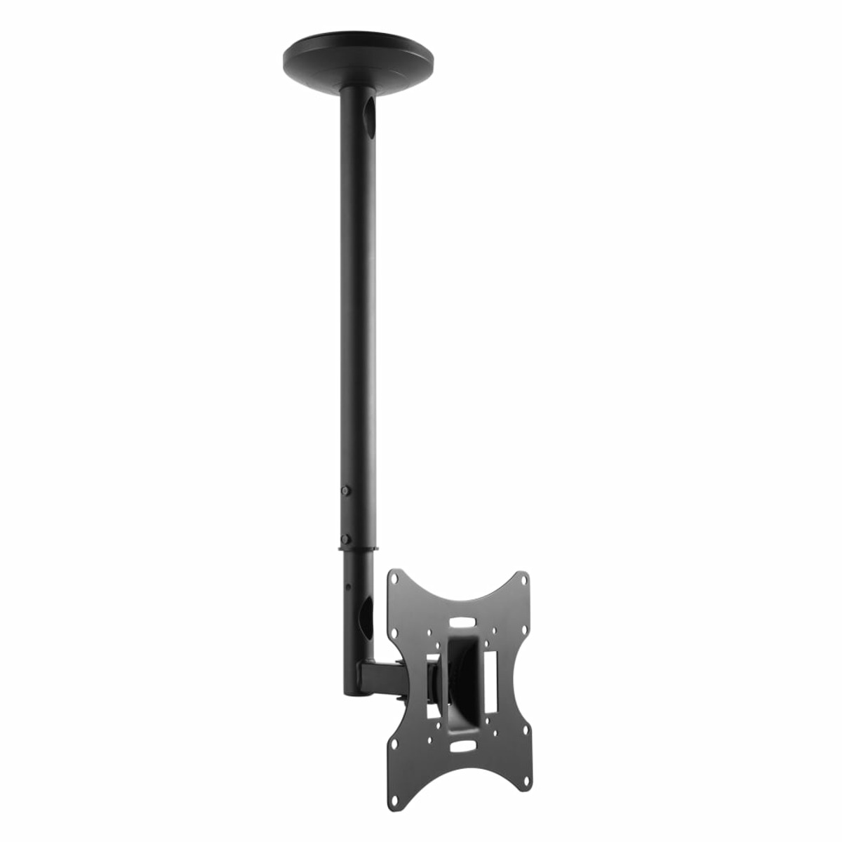 Support de plafond noir pour TV, le support et la plaque de montage sont visibles.