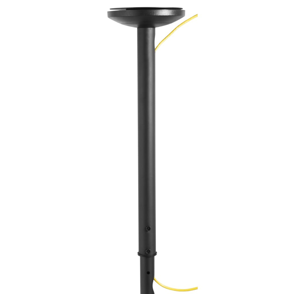 Un long poteau noir avec un dessus rond. Un fil jaune est visible.