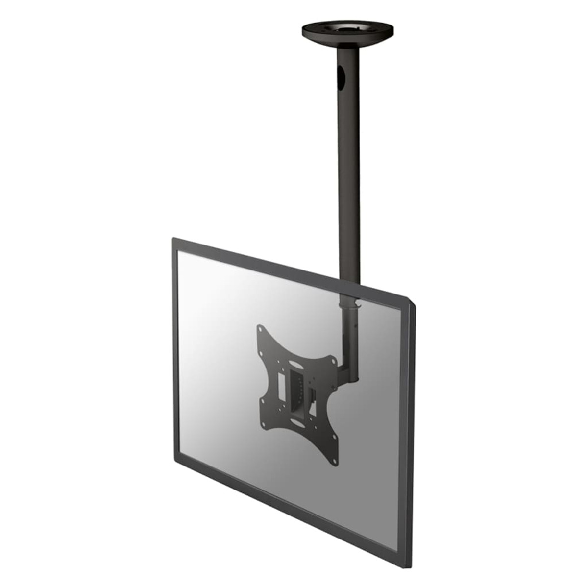 Un support de plafond noir maintient un téléviseur à écran plat. Le téléviseur est centré, face au spectateur, sur fond blanc.
