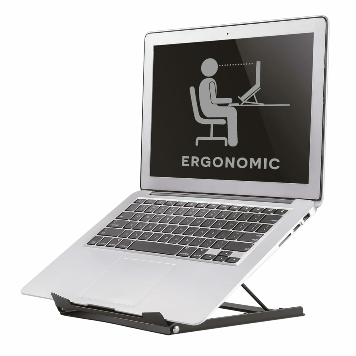 Ein Laptop auf einem schwarzen Ständer. Der Bildschirm zeigt ein ergonomisches Haltungsbild.
