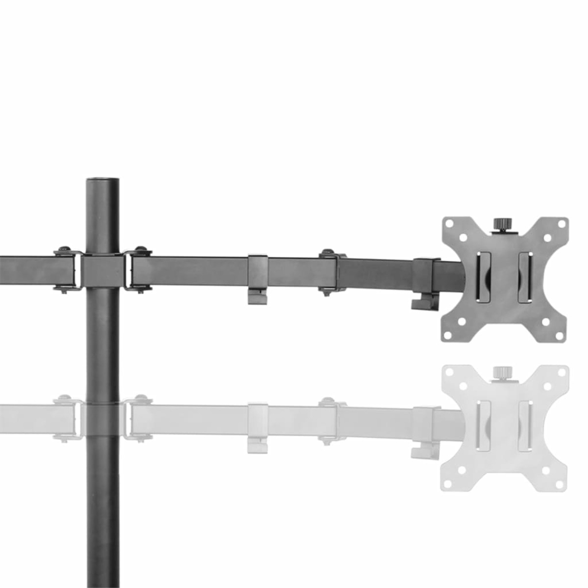 Two monitor arms, one dark gray, one light gray, mounted on a black vertical stand.