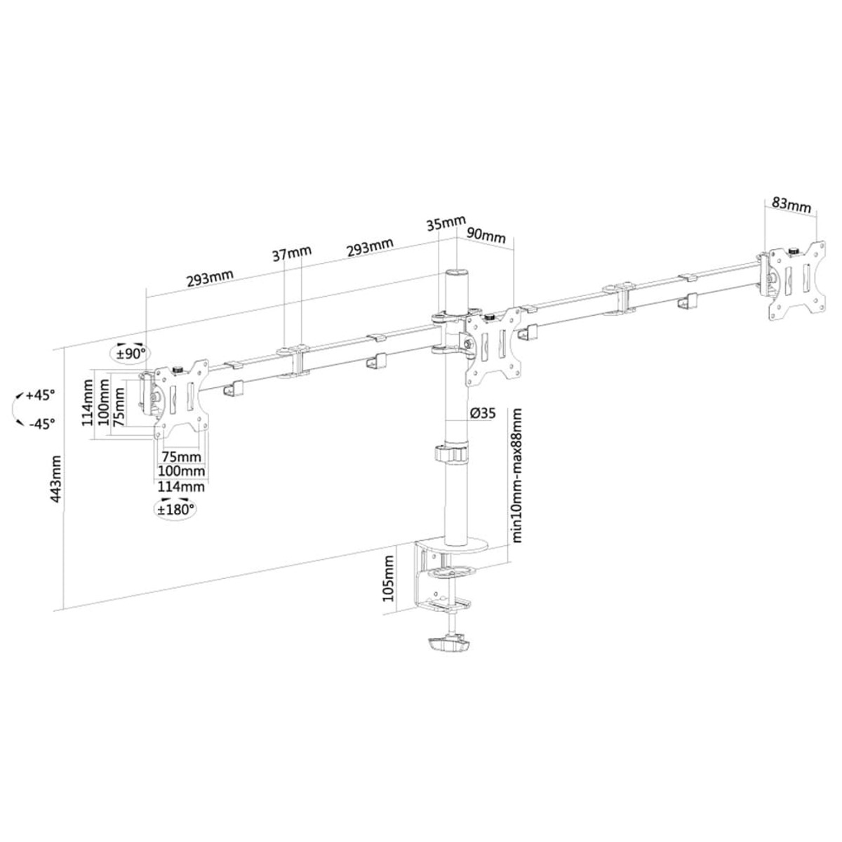 Ramię do dwóch monitorów z wymiarami. Jest czarne i srebrne, zamontowane na białym tle.