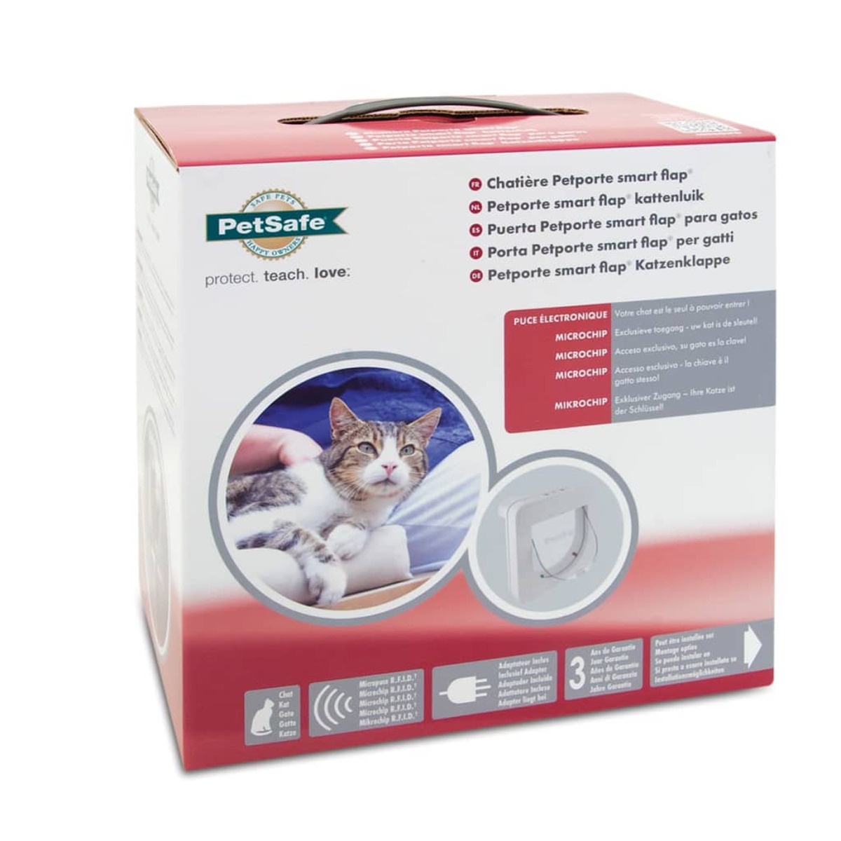 PetSafe Katzentür-Karton. Karton zeigt Katze, Text und Diagramm mit Katze. Weißer Hintergrund.