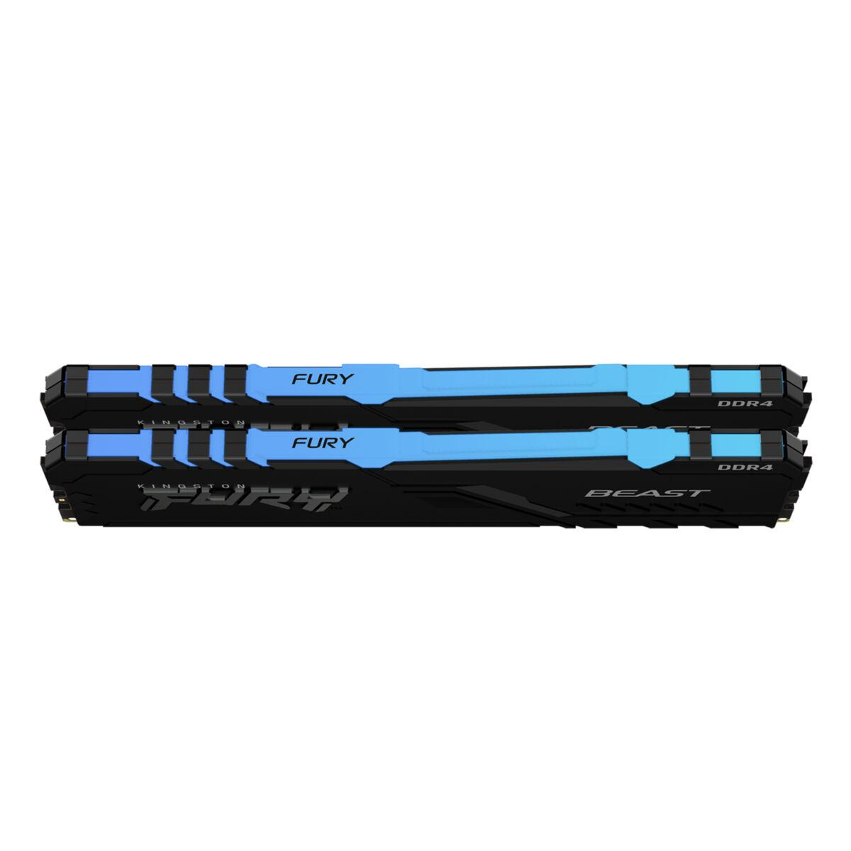 Zwei schwarze RAM-Riegel mit blauen Akzenten und dem Aufdruck "FURY" und "BEAST". Der Hintergrund ist weiß.