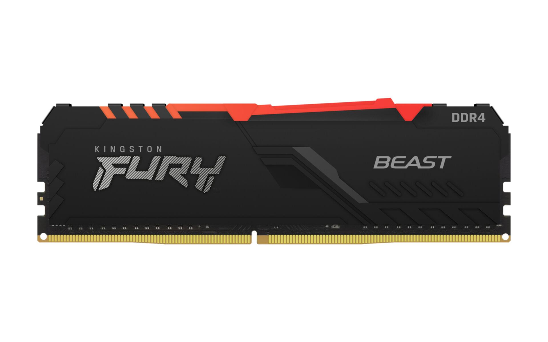 Ein Kingston Fury Beast DDR4 RAM-Riegel. Er ist schwarz mit orangefarbenen und grauen Akzenten und goldenen Anschlüssen.