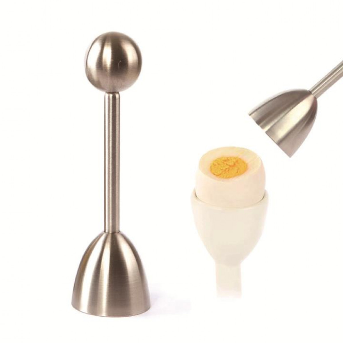 An egg topper tool and a cut egg. The tool is silver, and the egg has a yellow yolk.
