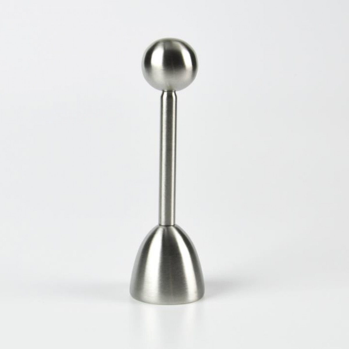 A silver egg topper with a round top, long handle, and a cone-shaped base.