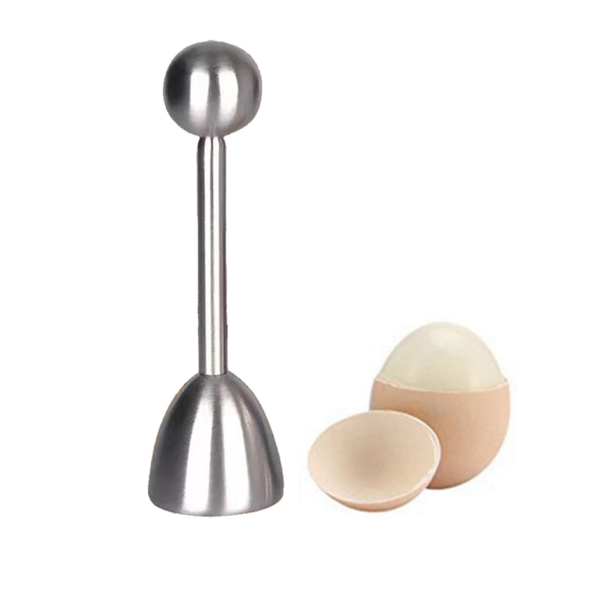 An egg topper is shown. An egg is cut open, showing the yolk. Another eggshell piece is next to it.