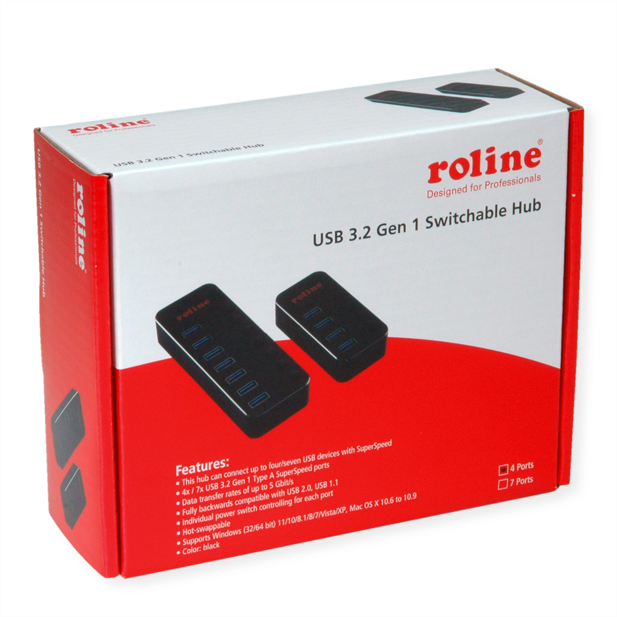 Rote und weiße Box, USB 3.2 Gen 1 Switchable Hub, mit schwarzen Hubs.