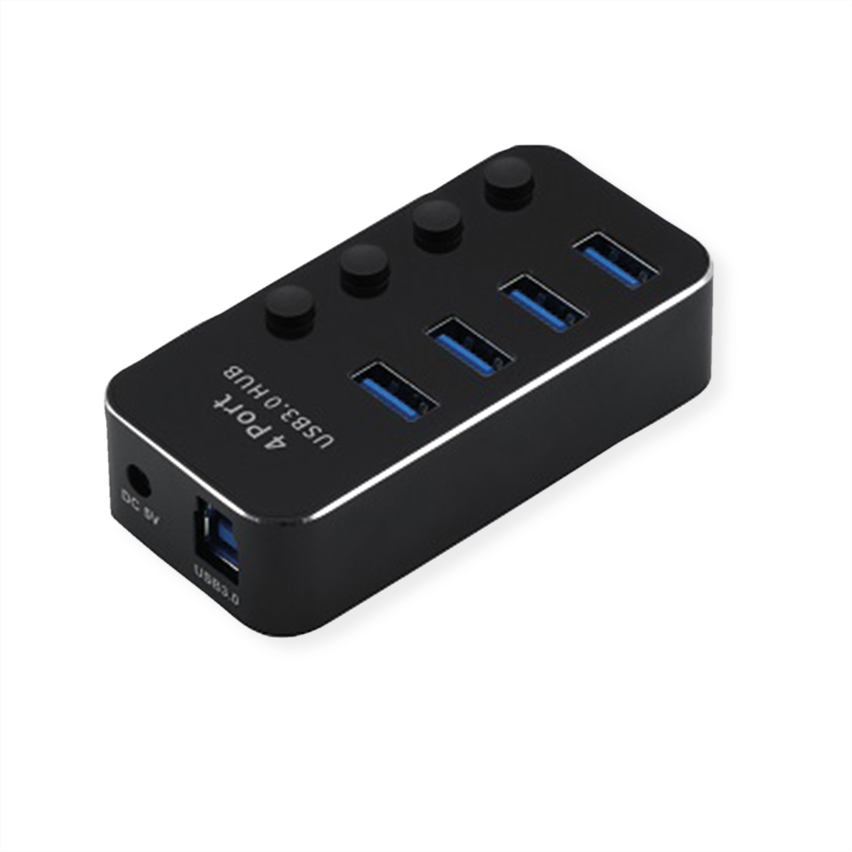 Ein schwarzer 4-Port USB 3.0-Hub mit Anschlüssen und DC-Eingang, auf weißem Grund.