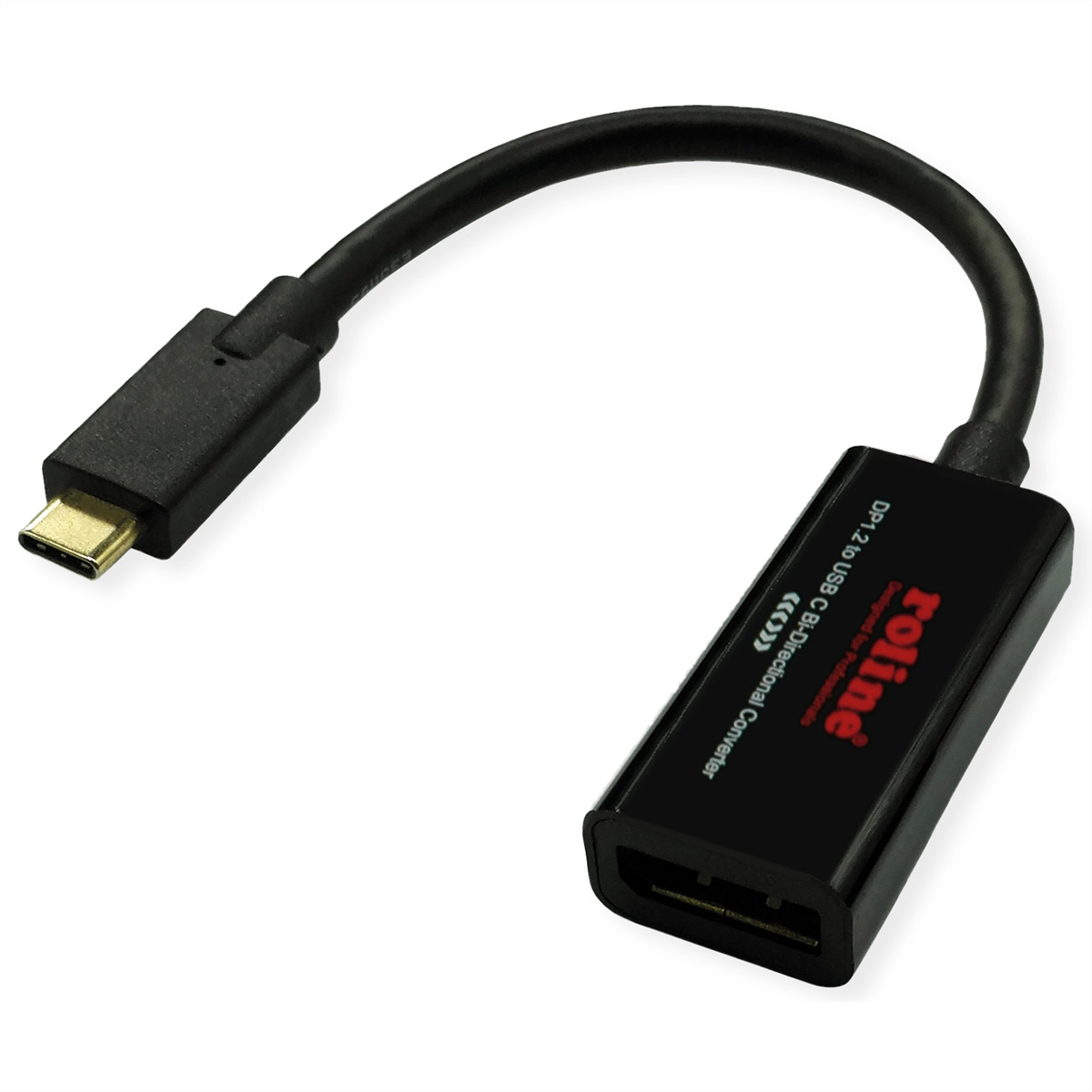 Convertisseur bidirectionnel USB-C vers DP 1.2 noir avec câble noir.