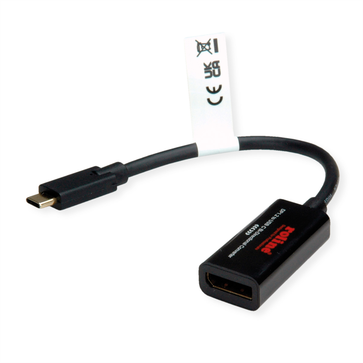 Un adaptateur noir USB-C vers DisplayPort avec une étiquette blanche. Il est sur un fond blanc.