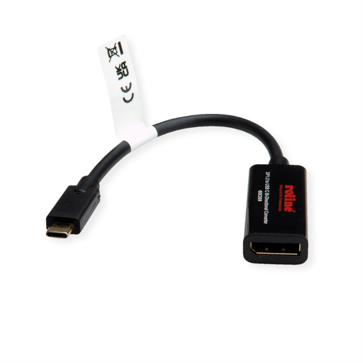 Zwarte USB-C naar HDMI adapter op wit. Kabel verbindt USB-C en HDMI poorten met wit CE label.