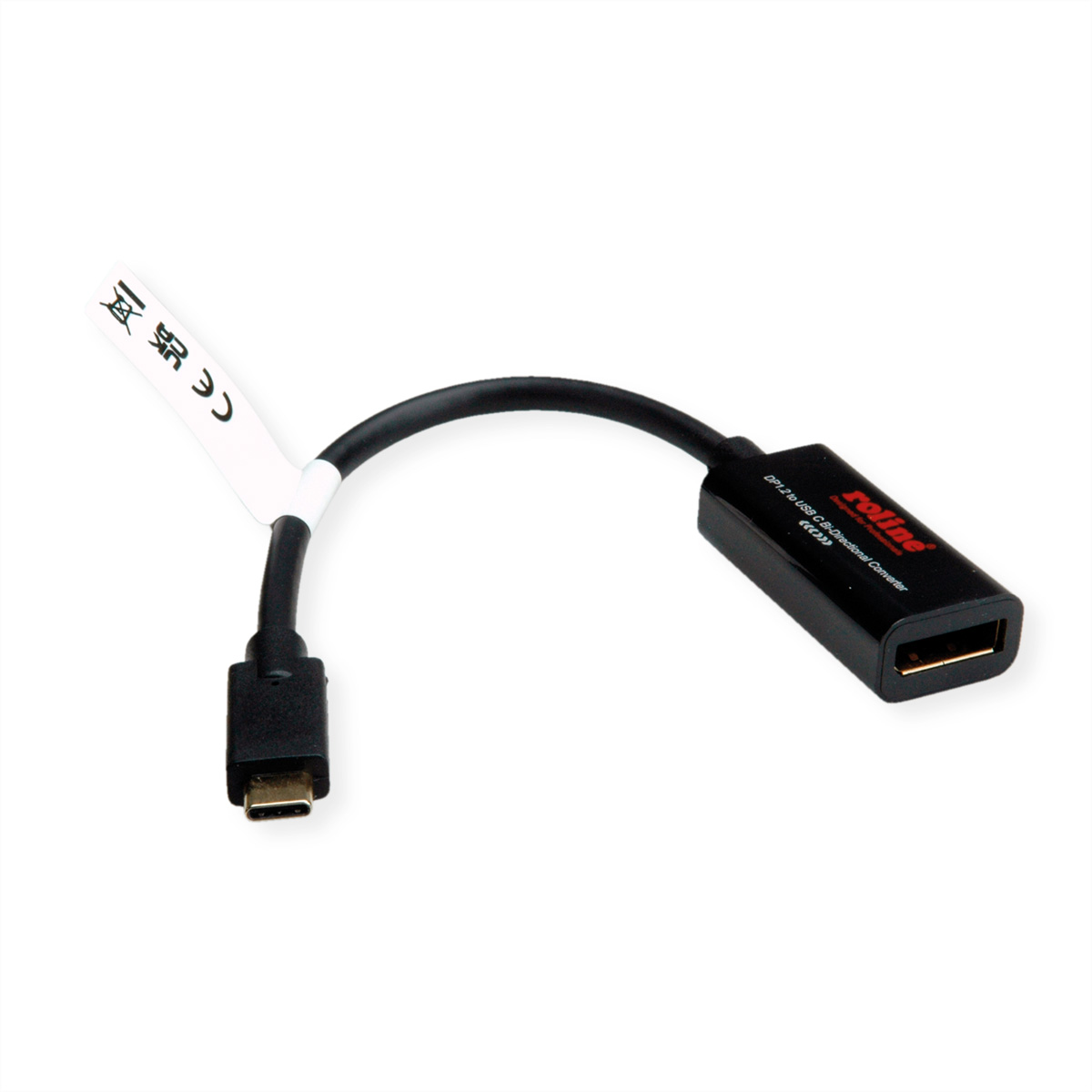 Câble adaptateur USB-C vers USB-A. Câble noir avec connecteurs, étiquette blanche avec texte.