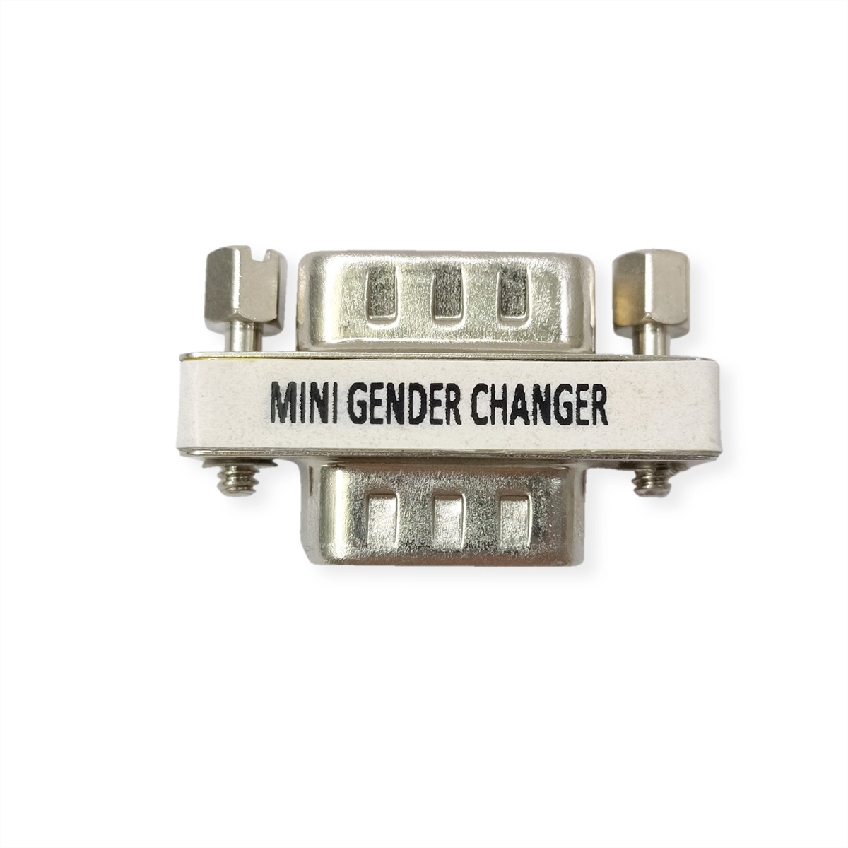 Connecteur mini changeur de genre. Boîtier en métal argenté, avec vis. Texte : MINI GENDER CHANGER.