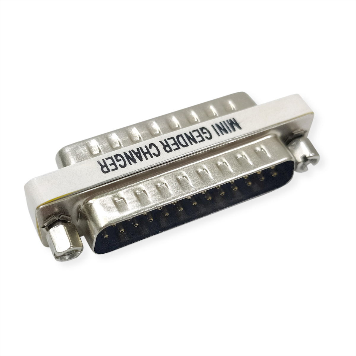 Mini gender changer connector, zilver met zwarte pinnen, op een witte achtergrond.