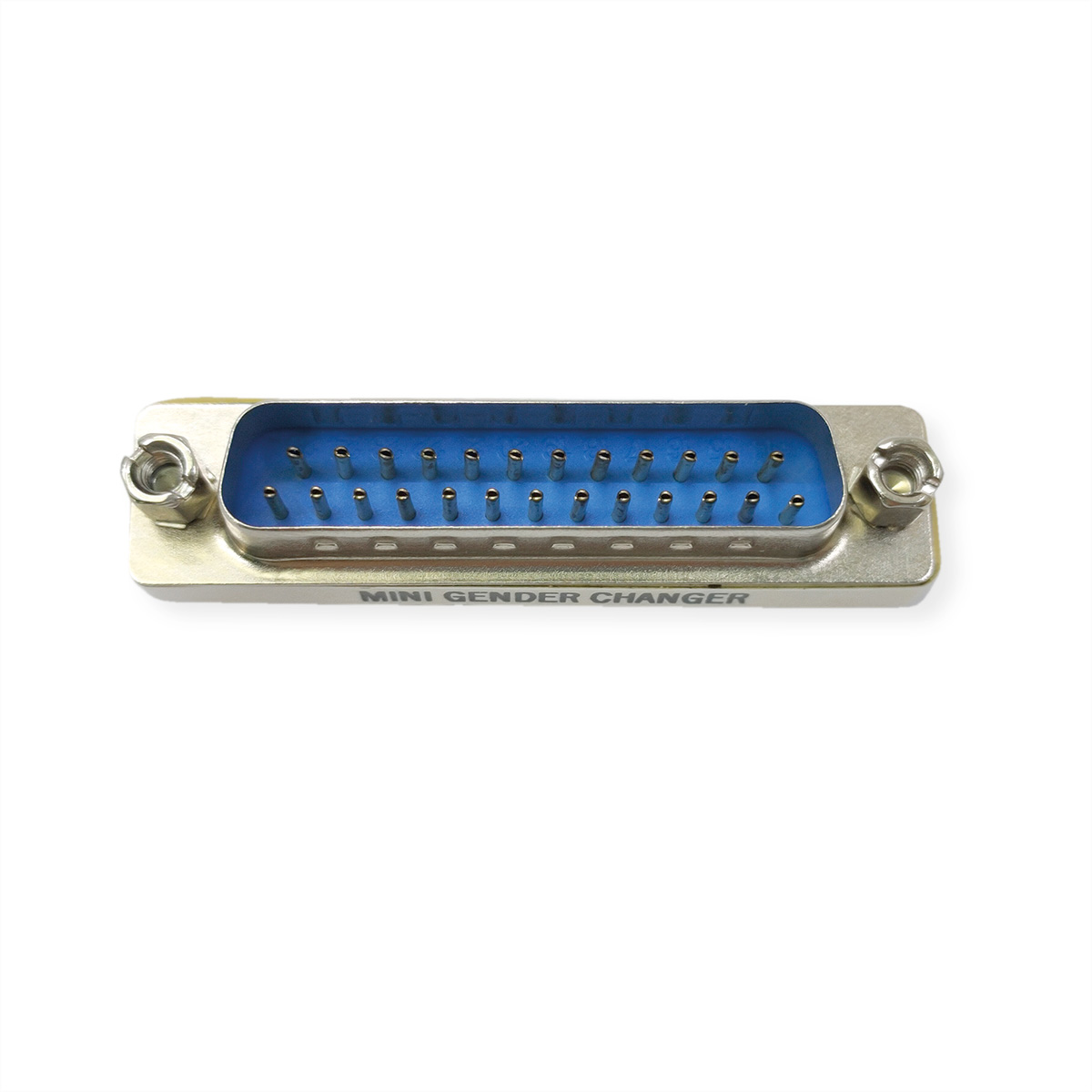 Un mini changeur de genre argenté avec intérieur bleu et broches, sur fond blanc, vue de dessus.