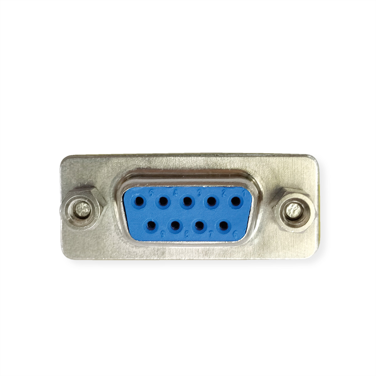 Un connecteur DB9 bleu avec broches, à l'intérieur d'un cadre en métal argenté.