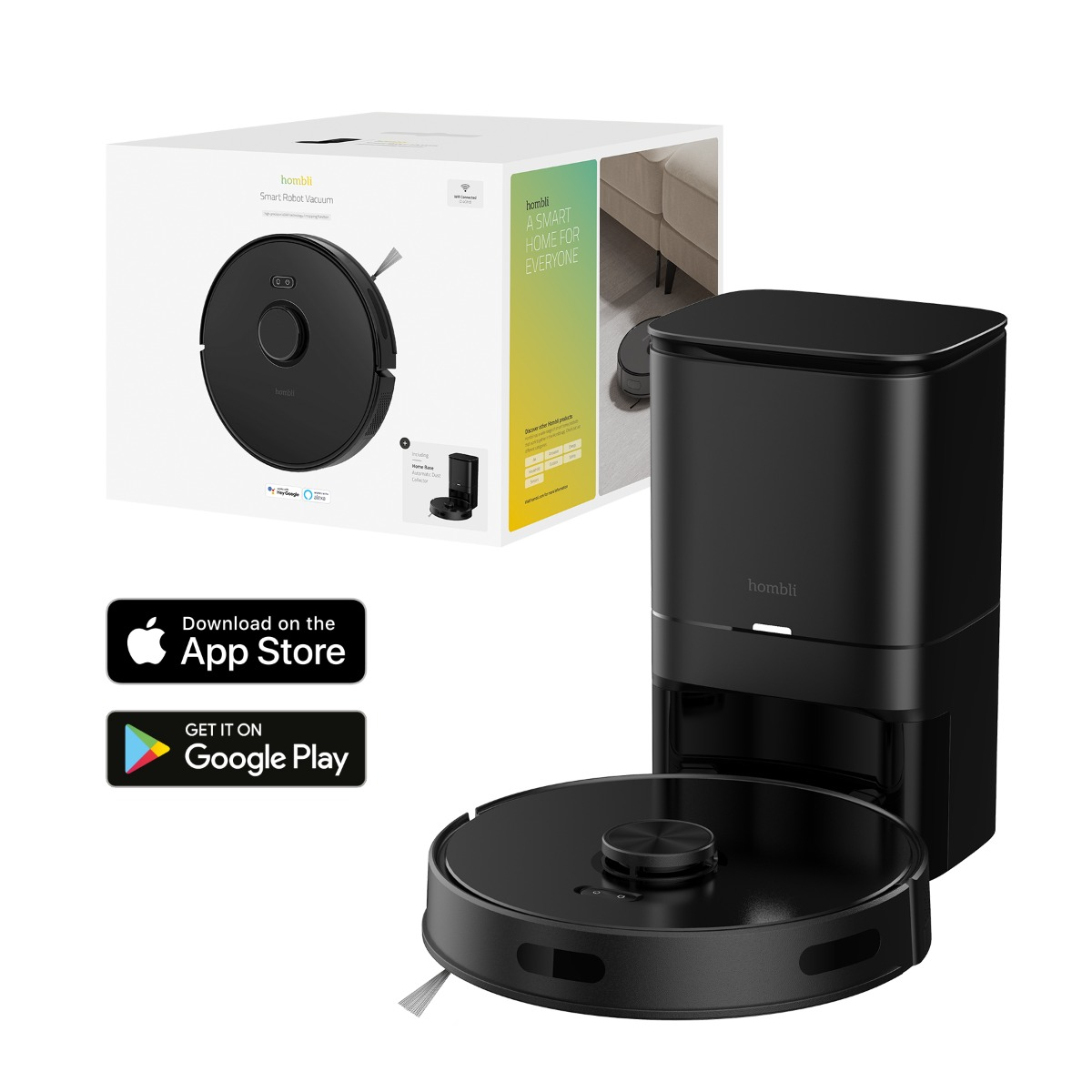 Czarny odkurzacz automatyczny ze stacją ładującą i pudełkiem. Widoczne są również ikony pobierania aplikacji.