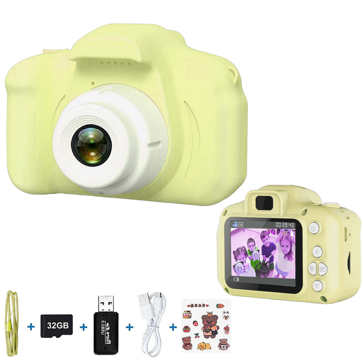 Żółty aparat dla dzieci z akcesoriami i ekranem ze zdjęciem. Białe tło.