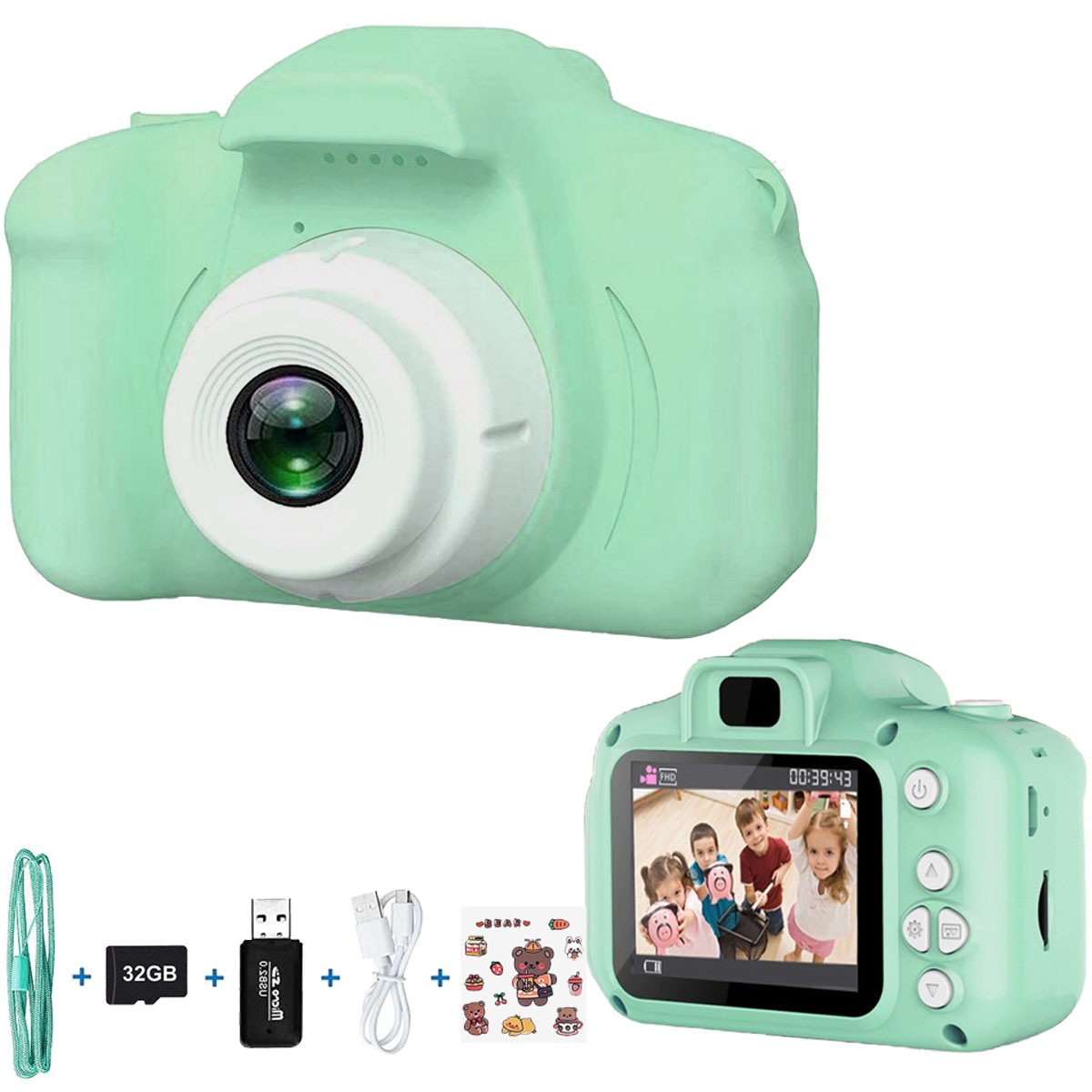 KINSI Kinder 2.0-Zoll,Cartoon-Aufkleber,1080P Grüne Kamera,mit Kinderkamera LCD- HD Sofortbildkamera DSLR-Kamera, 32GB,USB