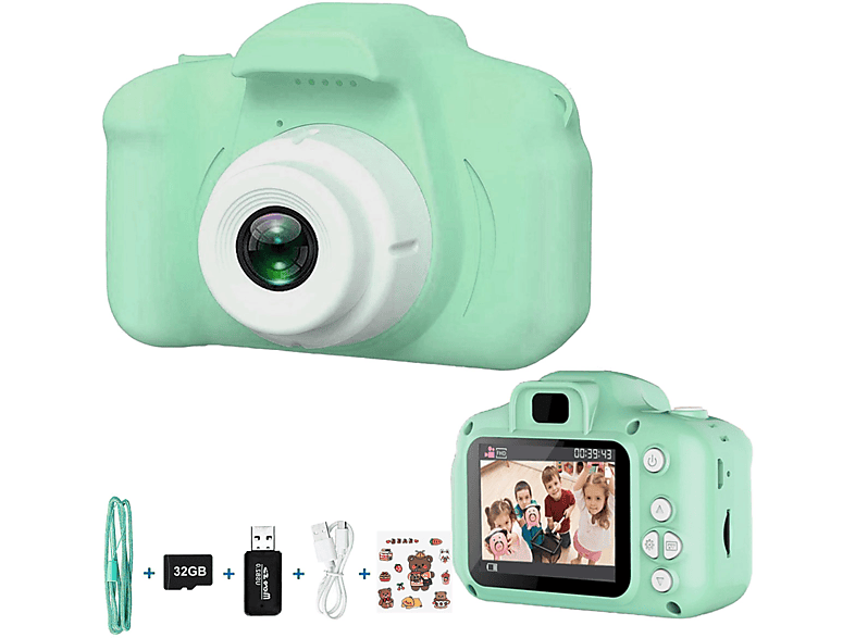 KINSI Kinder 2.0-Zoll,Cartoon-Aufkleber,1080P Grüne Kamera,mit Kinderkamera LCD- HD Sofortbildkamera DSLR-Kamera, 32GB,USB