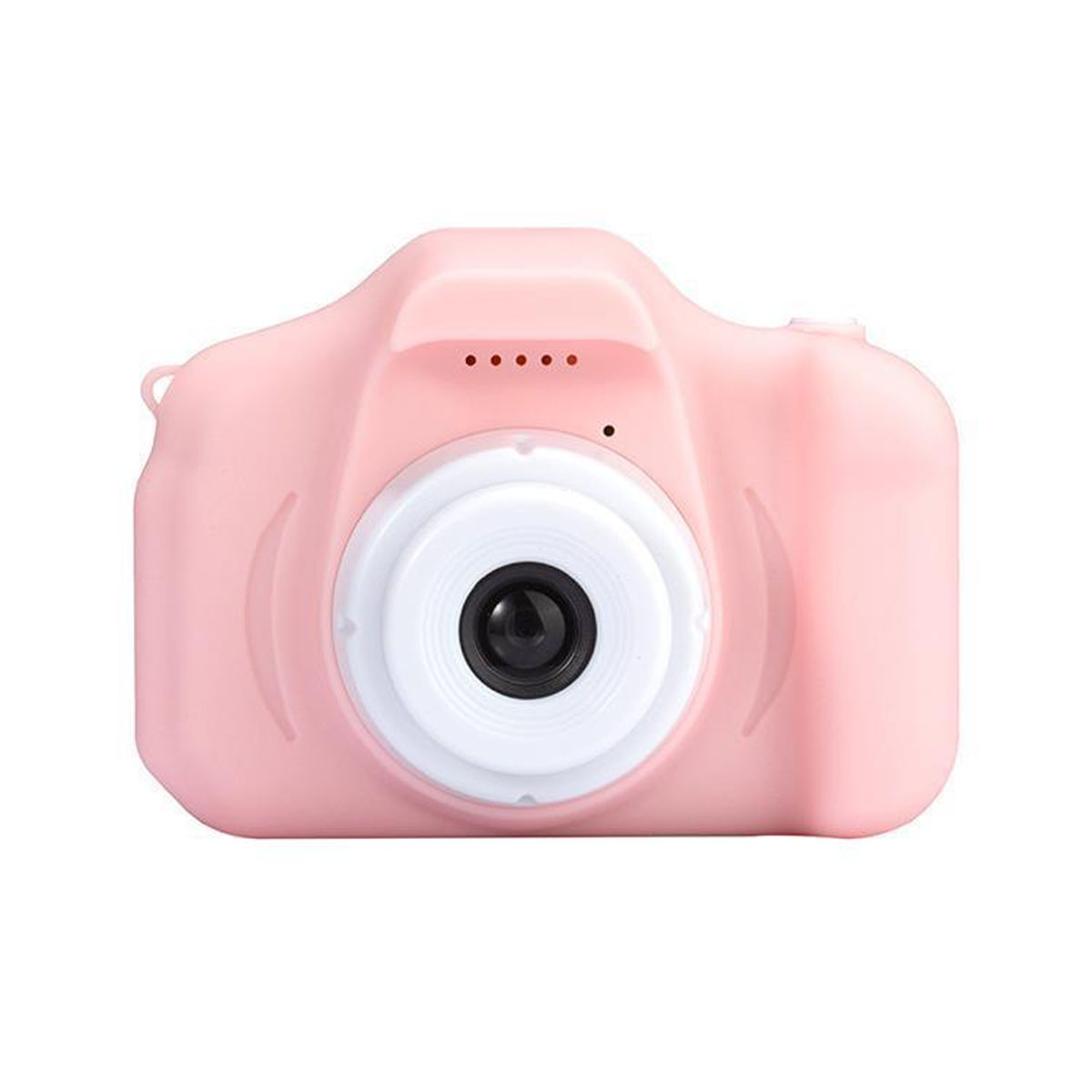 Una cámara de juguete rosa con lente y botones. Está diseñada para niños y es fácil de usar.