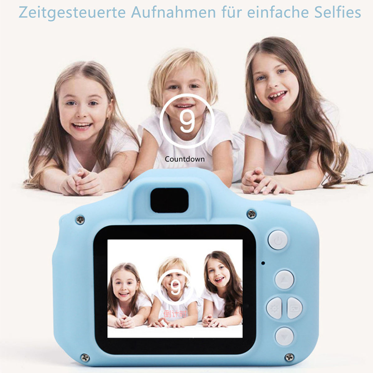 Tres niños sonriendo en la parte superior y una cámara azul con tres niños en la pantalla. Se muestra la cuenta regresiva.