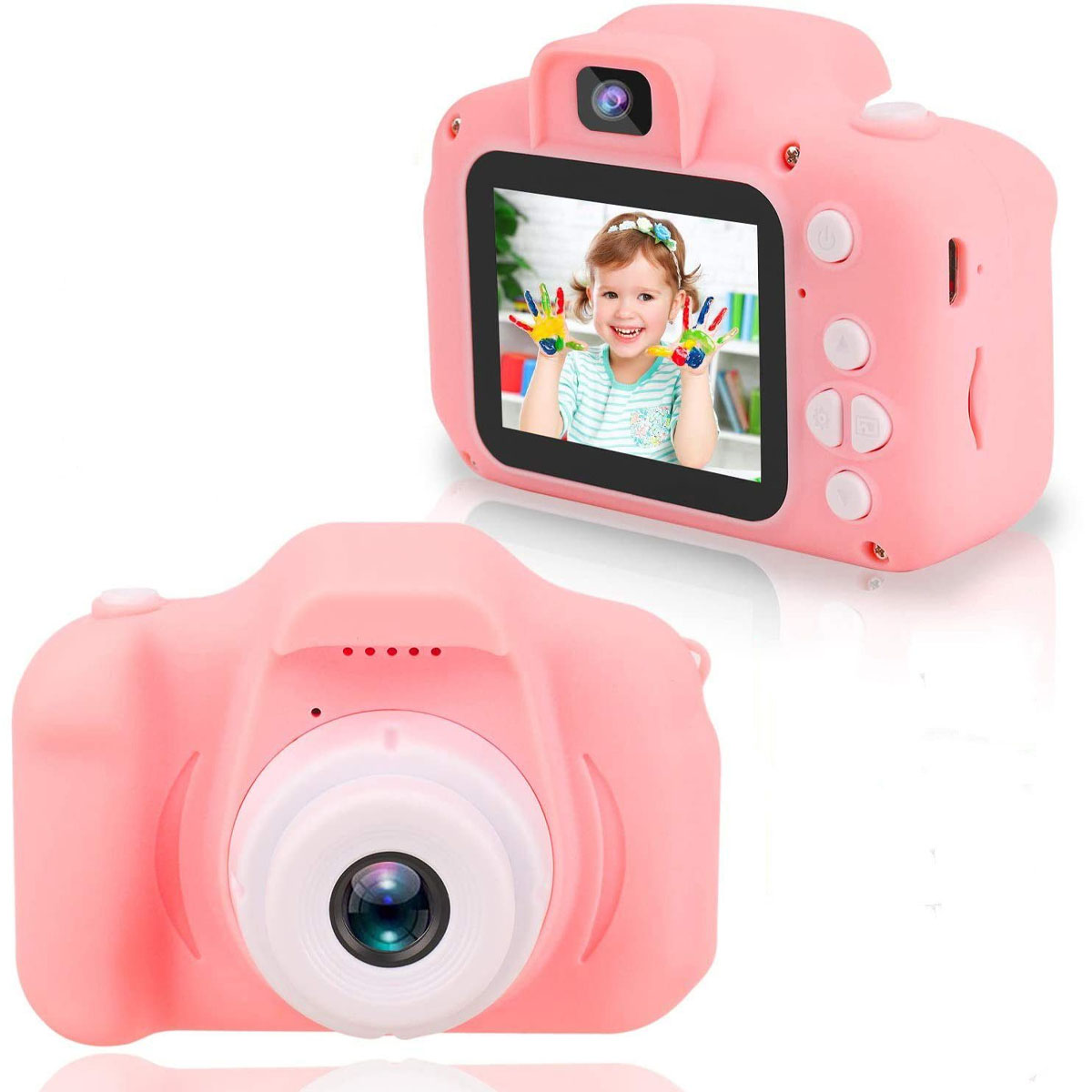 Cámara de juguete rosa, con una pantalla que muestra a una niña con pintura en las manos. Otra cámara abajo.