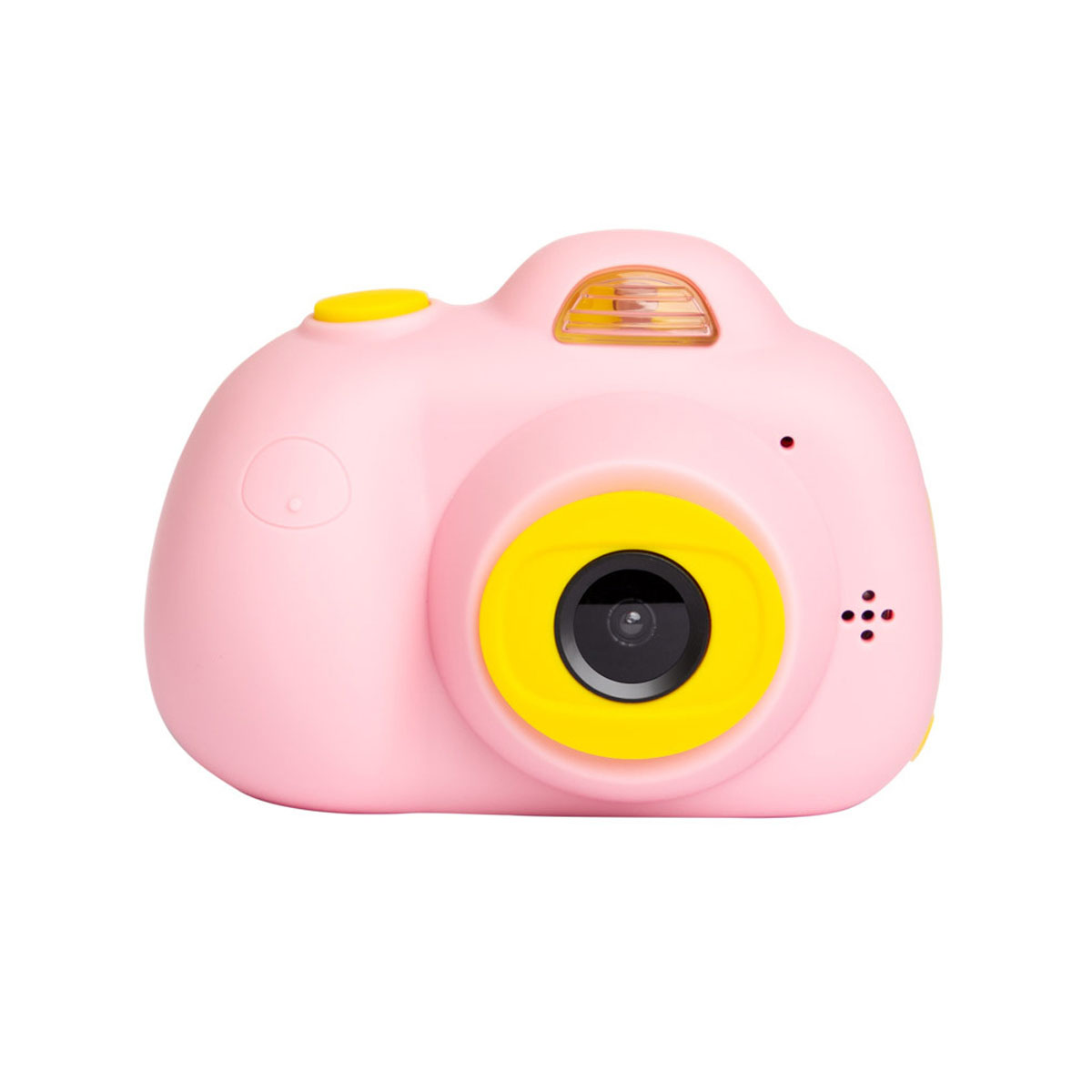 Różowy aparat dla dzieci, żółty obiektyw i przycisk, białe tło.