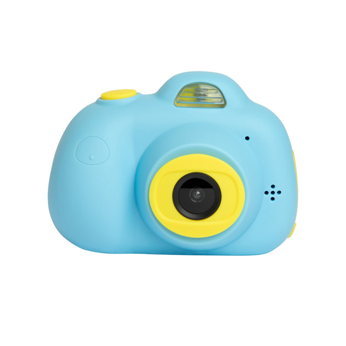 Niebiesko-żółty aparat zabawka, z okrągłym obiektywem i żółtymi przyciskami.