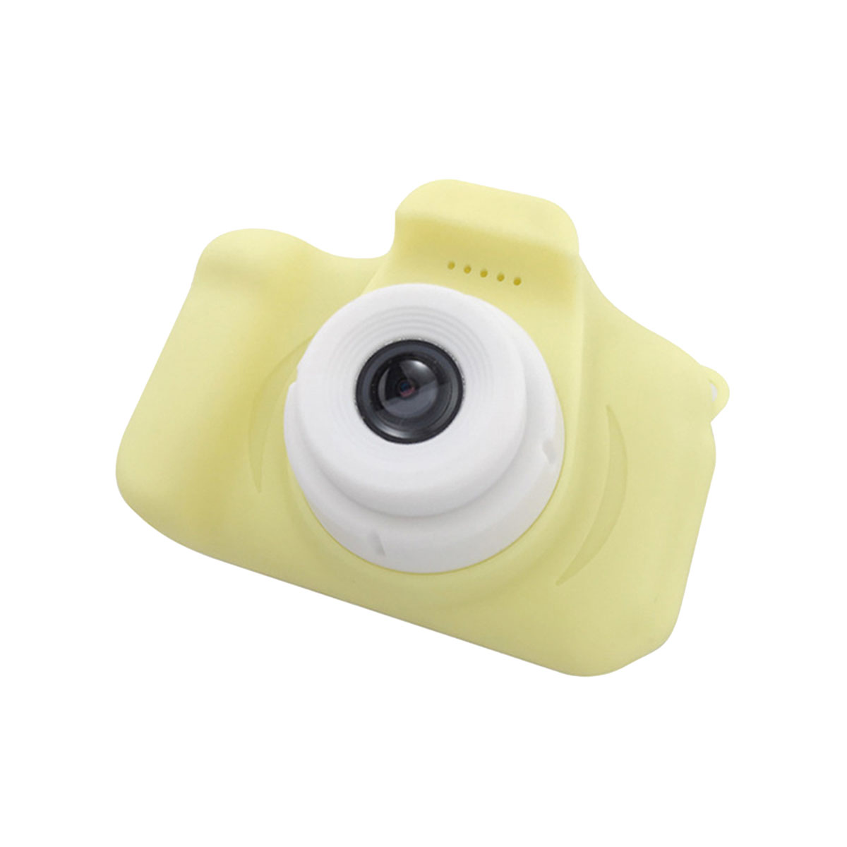 Żółty aparat zabawka z białą soczewką i przyciskami, na białym tle.