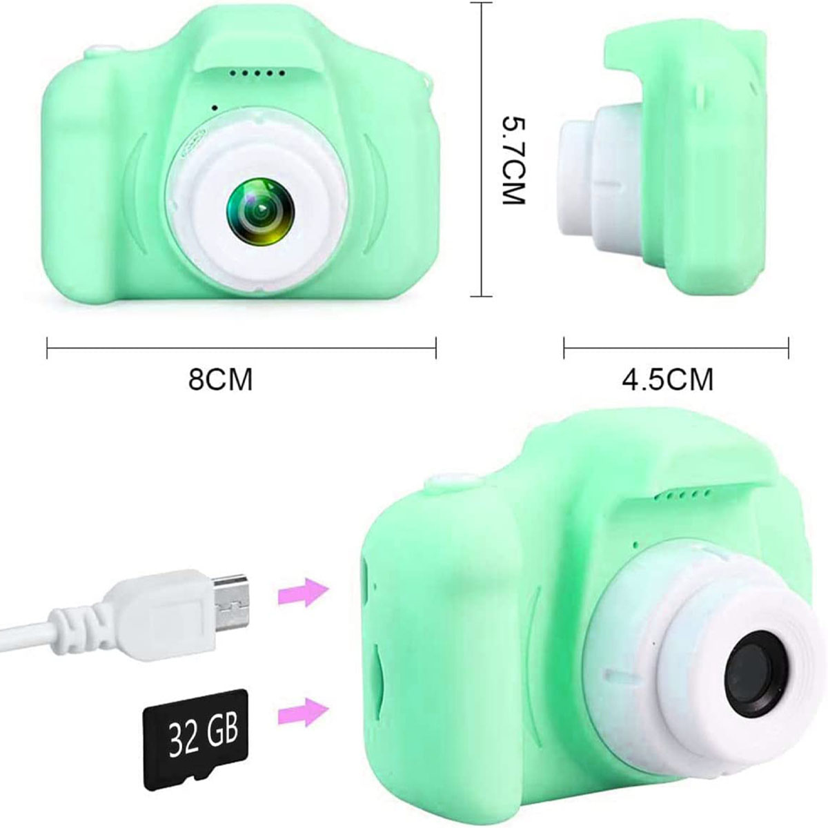 LCD- 2.0-Zoll,Cartoon-Aufkleber,1080P 32GB,USB KINSI Kinderkamera DSLR-Kamera, HD Kamera,mit Sofortbildkamera Kinder Grüne