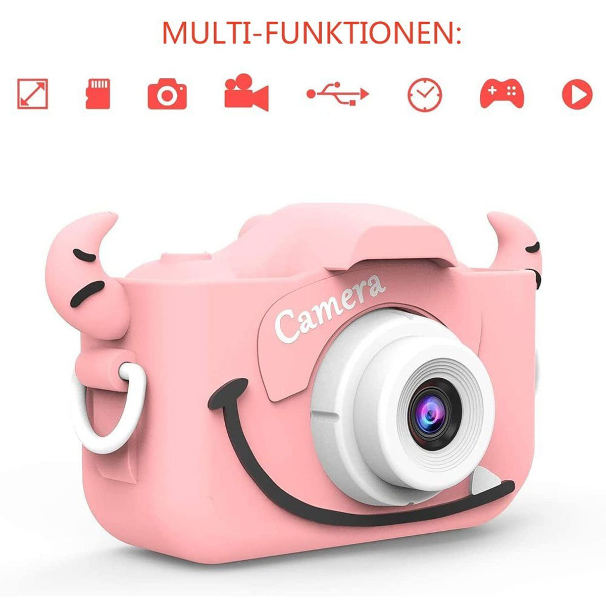 Cámara rosa con diseño de cara sonriente e iconos encima.