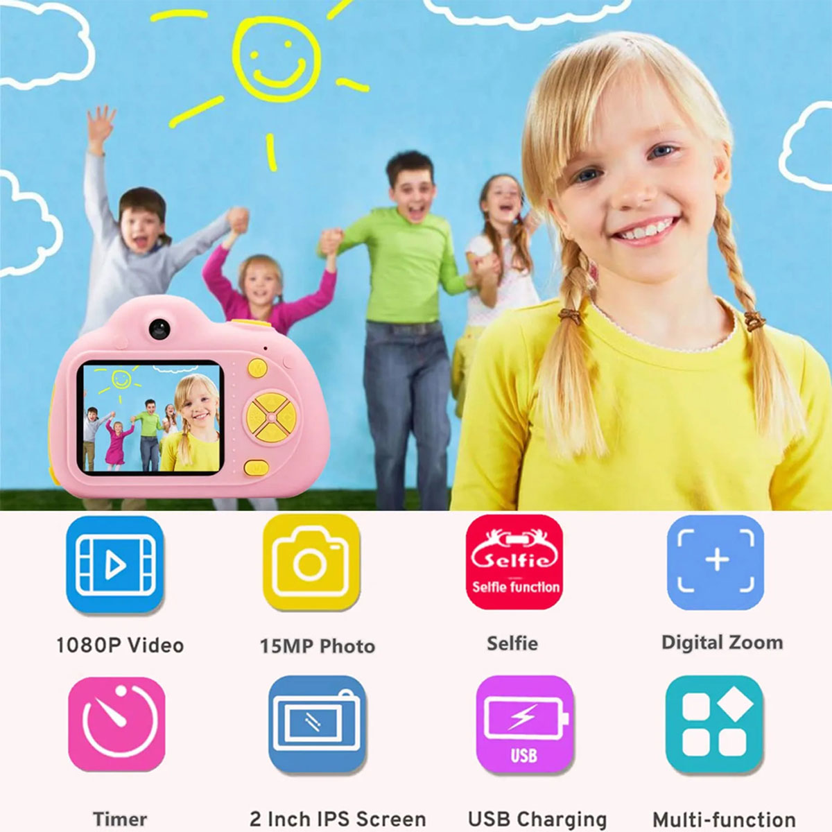 Kinder mit rosa Kamera, Icons von Kamerafunktionen und blauem Hintergrund.