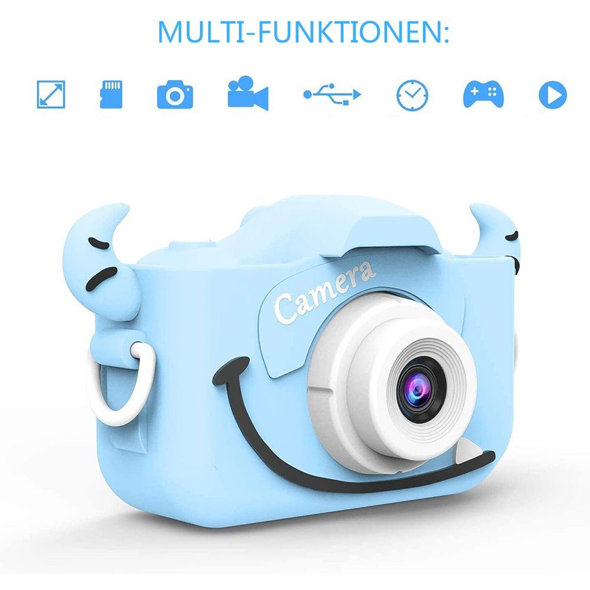 Cámara de juguete azul con múltiples iconos de función arriba.