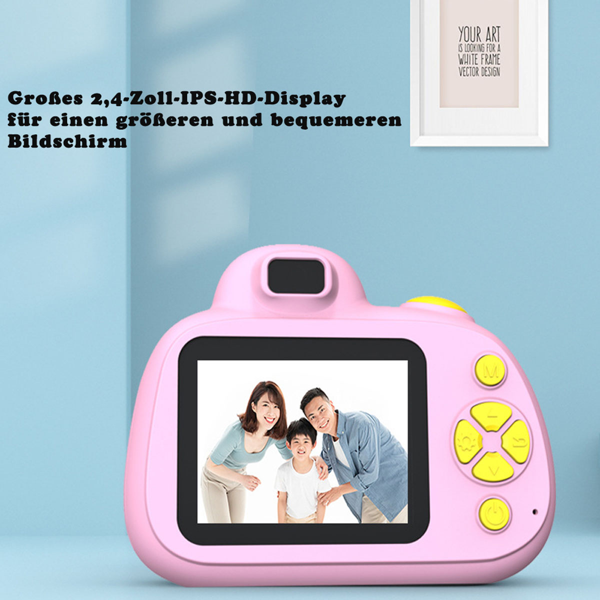 Rosa Kinderkamera mit Familienfoto auf dem Bildschirm.