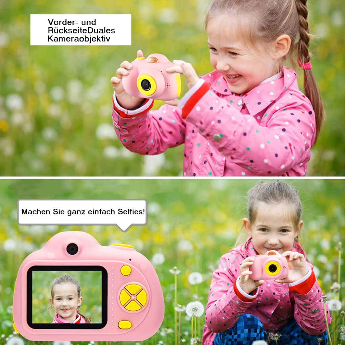 Ein Mädchen benutzt eine pinke Kamera, mit Sprechblasen, im geteilten Bild.