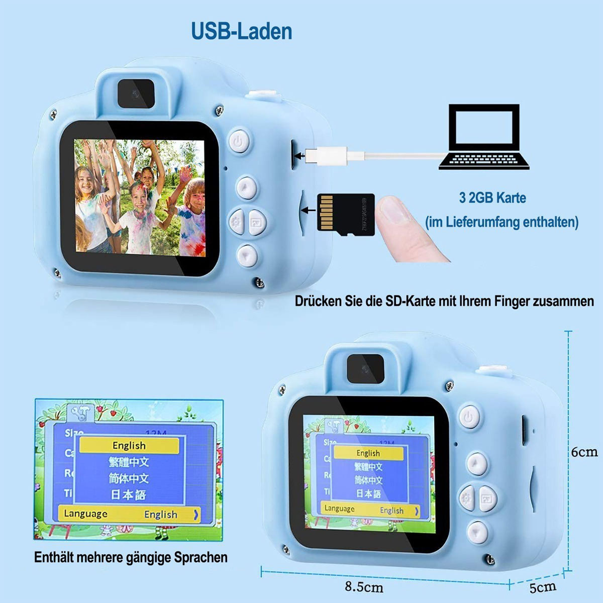 Cámara azul para niños con pantalla. Incluye tarjeta SD y carga USB.