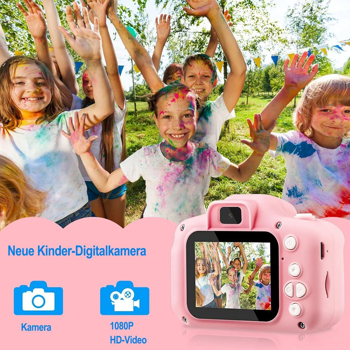 Cámara rosa para niños, niños jugando en pantalla, niños con pintura sonriendo.